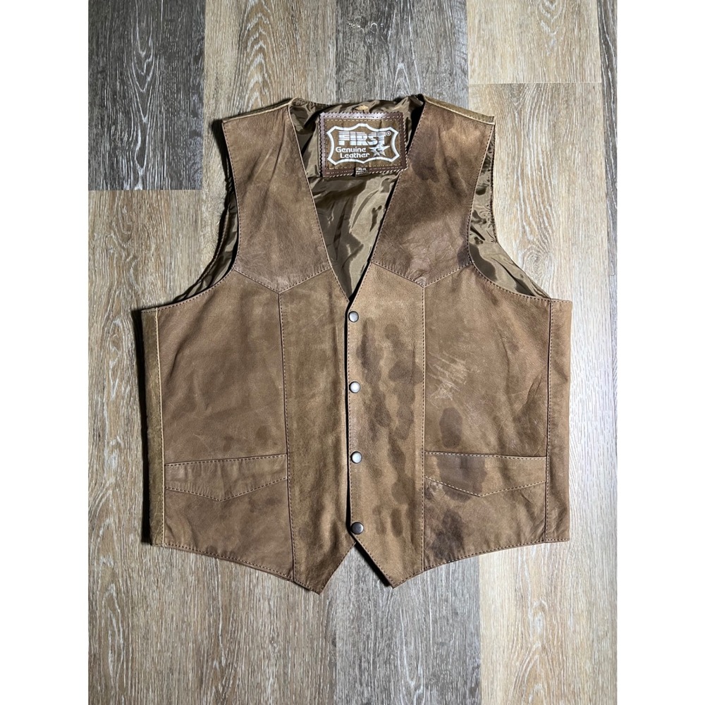 First Genuine Leather Vest Mens 44 Brown Good Western Snap Biker Moto Rugged